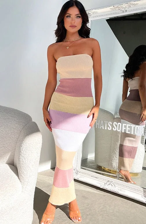 Linda Contrast Colors Strapless Knit Midi Dress Fashionable Plaid Midi Dress