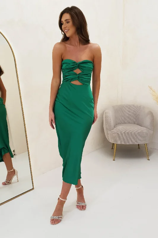 Lisse Strapless Satin Midi Dress | Green Trendy Tiered Hem Midi Dress