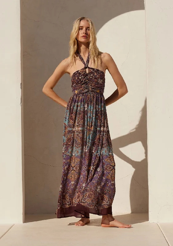 Livna Halter Maxi Dress Stylish Pleated A-Line Maxi Dress