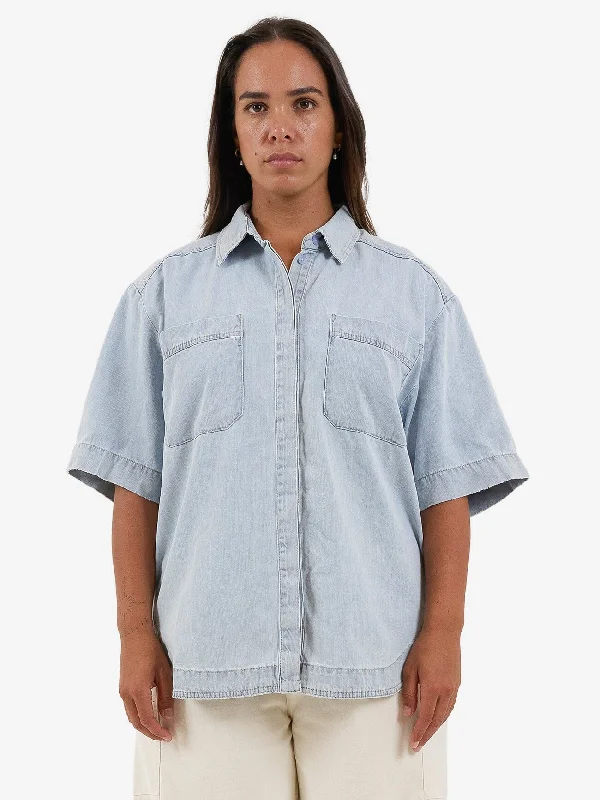 Louise Denim Shirt - Faded Dust Blue Trendy Floral Print Tee
