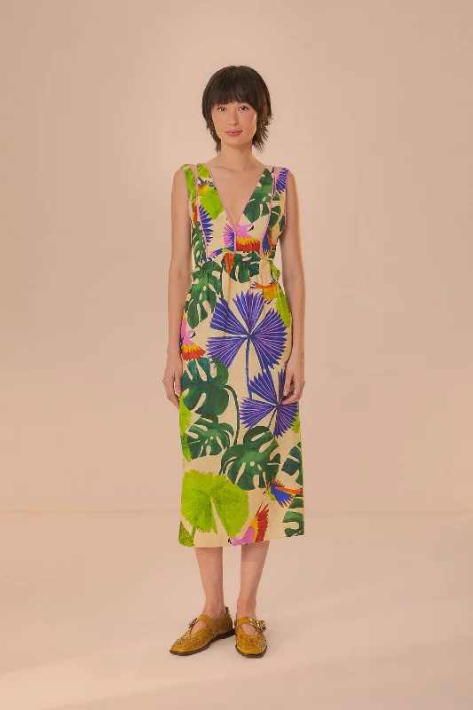 Sand Macaw Jungle V Neck Midi Dress Elegant Floral Appliqué Midi Dress
