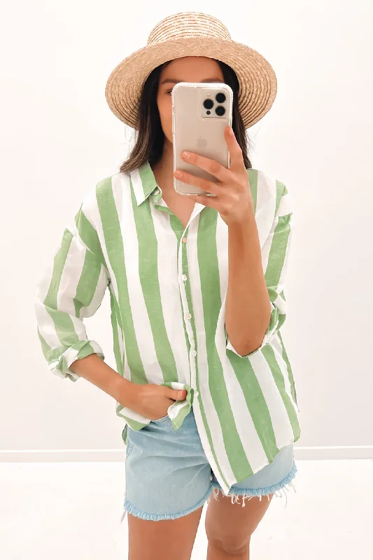 Maeve Shirt Green Stripe Elegant Longline Short Shirt