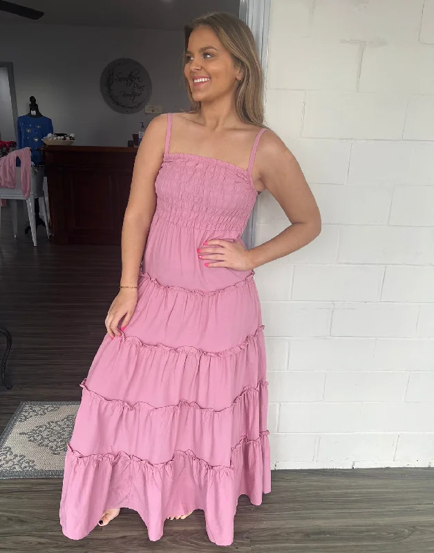 Mauve tiered maxi dress Comfortable Maxi Dress with Belt