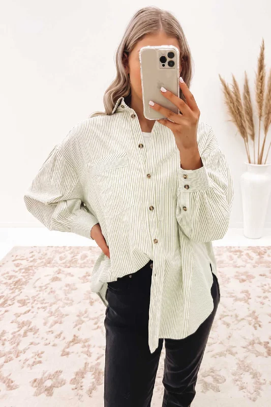 Melodie Shirt Khaki Stripe Chic Silk Short Sleeve Shirt