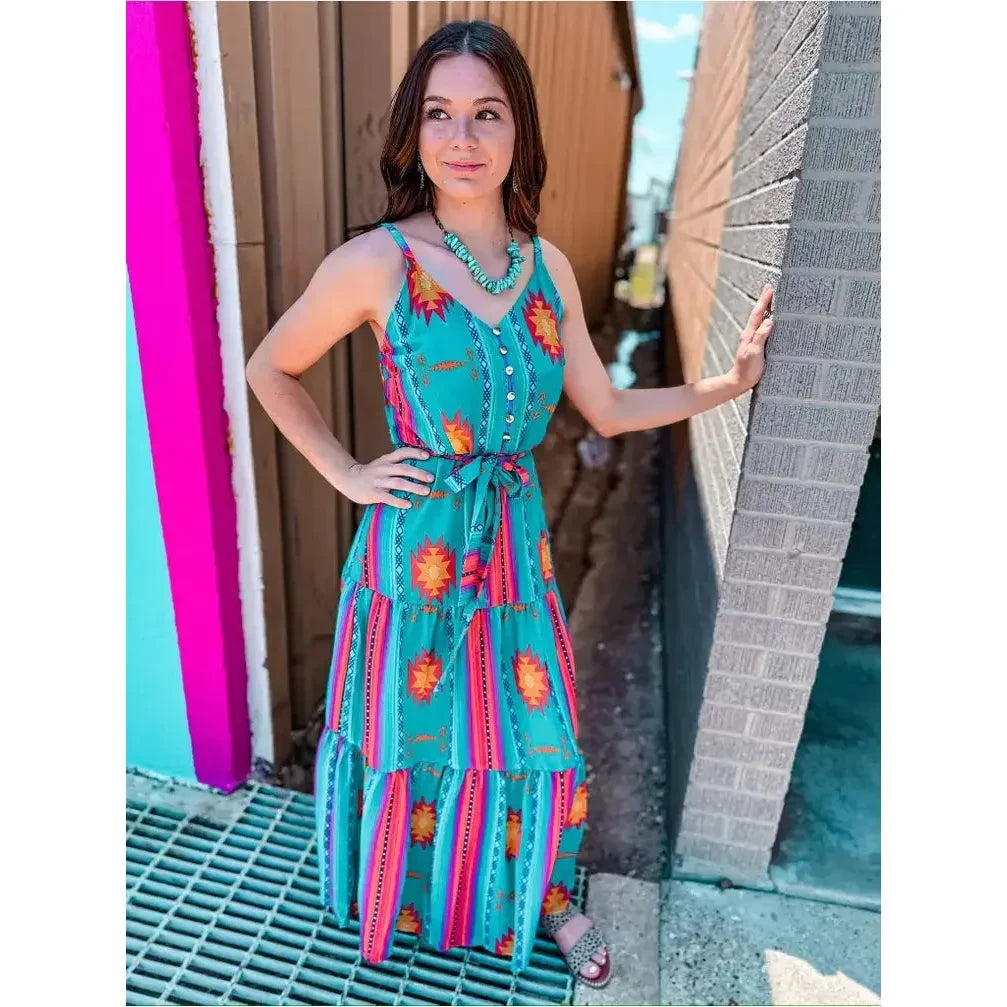 Callie Drop Waist Maxi Dress, Aztec Cozy Spaghetti Strap Maxi Dress