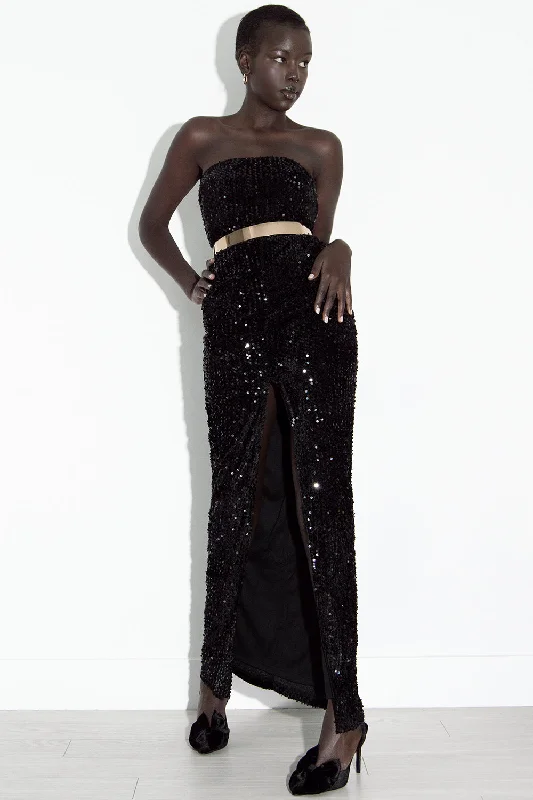 MERVIELLE | Women's Black Strapless Sequin Front Slit Maxi Dress Comfortable Satin Maxi Dress