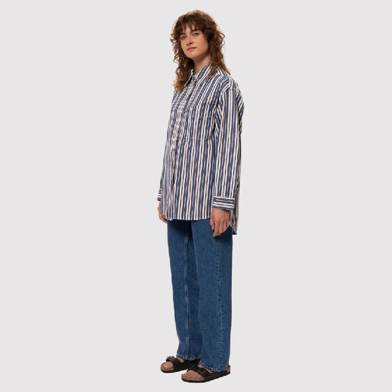 Mina Denim Stripe Shirt (Red) Stylish Pleated Short Sleeve