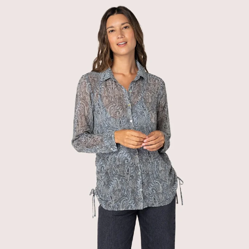 My Time Ruched Shirt (Grey + Natural) Relaxed Fit Short Blouse