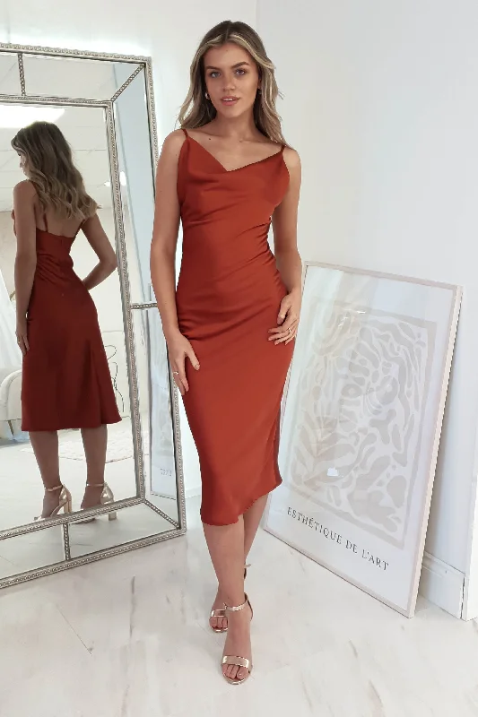 Natalie Satin Cowl Neck Midi Dress | Rust Comfortable Short Sleeve Midi Dress