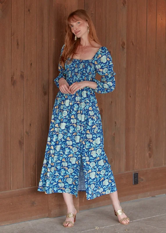 Navy Floral Metallic Puff Sleeve Maxi Dress Elegant Floral Maxi Dress