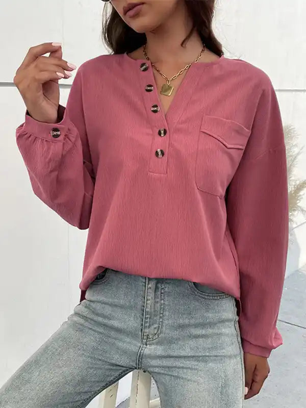 New Ladies Casual Long Sleeve Solid Color Shirt Elegant Draped Short Sleeve