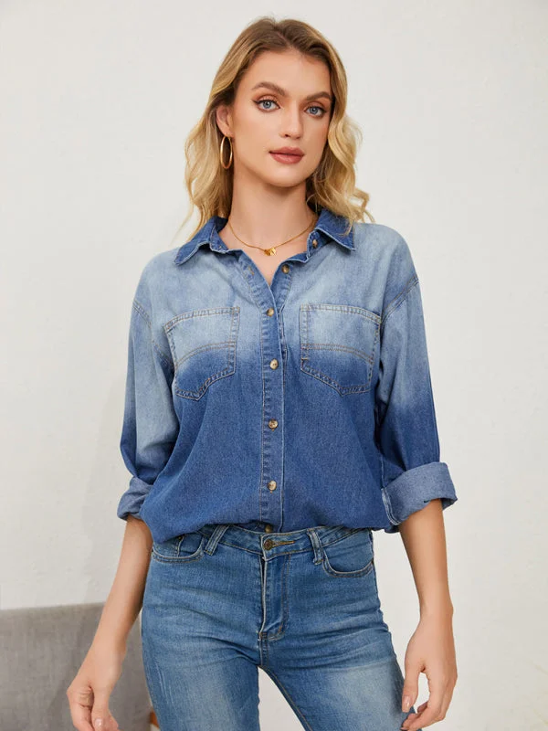 Women's Denim Shirts - Women's Casual Comfortable Faded Denim Lapel Shirt Chic Embellished Short Sleeve