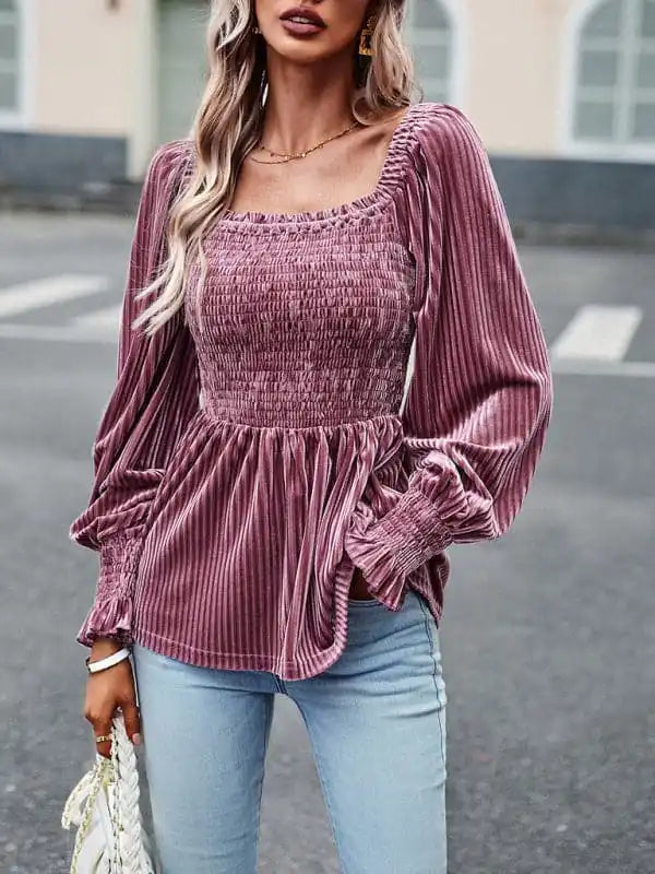 New temperament commuter long-sleeved velvet shirt top Trendy Short Sleeve Tunic
