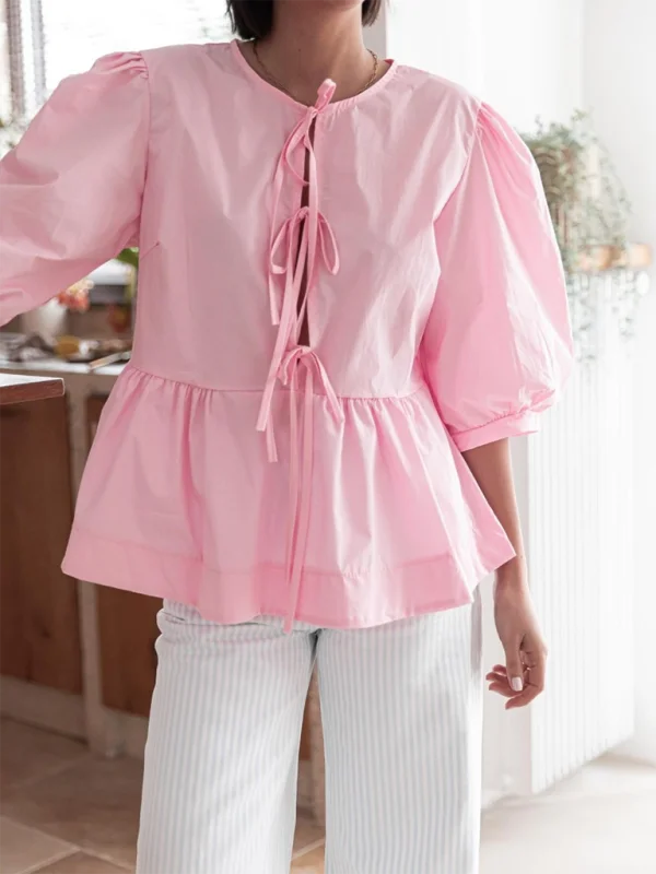 New women's fashion striped lace-up shirt tops Comfortable Loose Short Sleeve