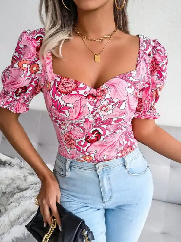 New Women’s Sexy Square Neck Floral Chiffon Shirt Top Stylish Pleated Short Sleeve