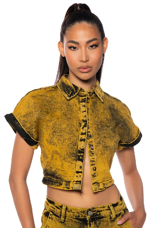 NOT IN THE MOOD CROPPED DENIM SHIRT Elegant Off-Shoulder Short Shirt