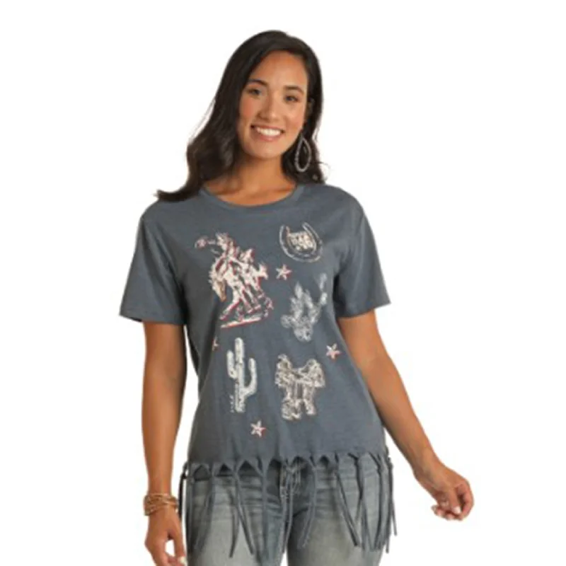 Rock & Roll Women's Navy Tie Fringe Tee