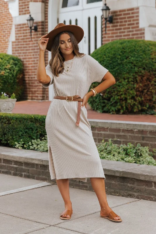 Oatmeal Ribbed Slit Midi Dress Stylish Striped Midi Dress