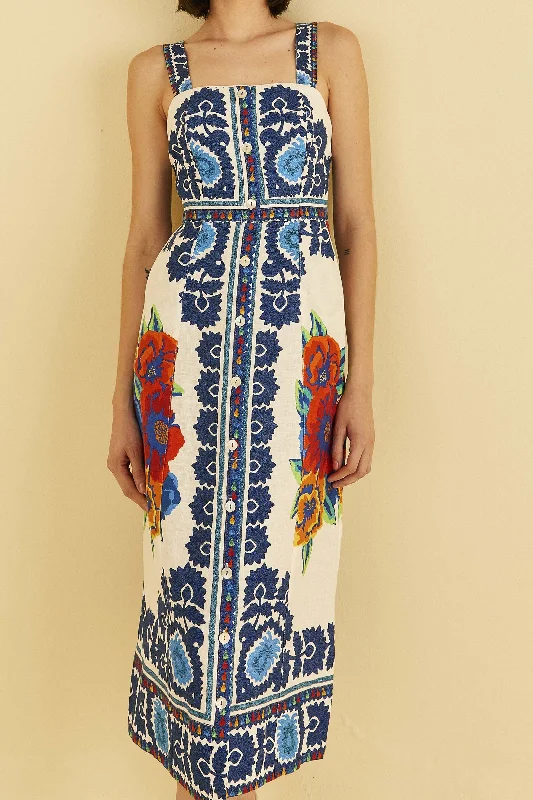 Off-White Flower Tapestry Midi Dress Comfortable Sleeveless Midi Dress