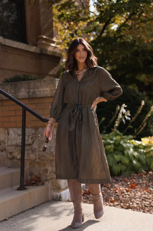 Olive Button Down Belted Midi Dress Fashionable Skater Midi Dress