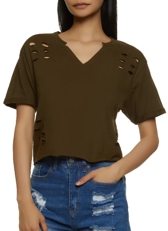 Solid Laser Cut Cropped T Shirt Stylish Striped Short Sleeve