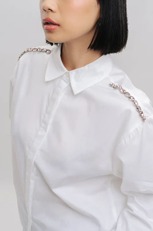 Embellished White Shirt Stylish Split-Hem Short Shirt