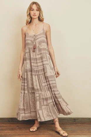 Paisley Patch Tiered Maxi Dress Cozy Open-Back Maxi Dress