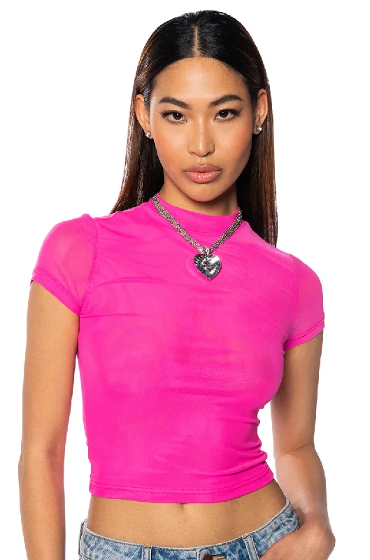 PAXTON MESH SHORT SLEEVE TSHIRT IN PINK Trendy Ruffled Short Sleeve