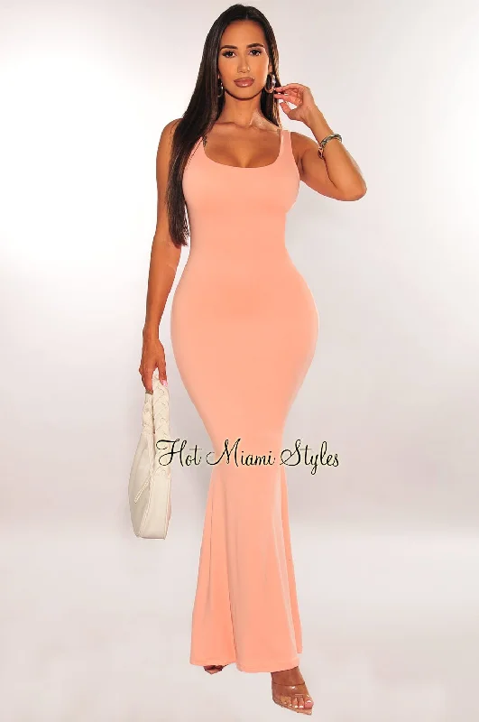 Peach Sleeveless Mermaid Maxi Dress Cozy Cold-Shoulder Maxi Dress