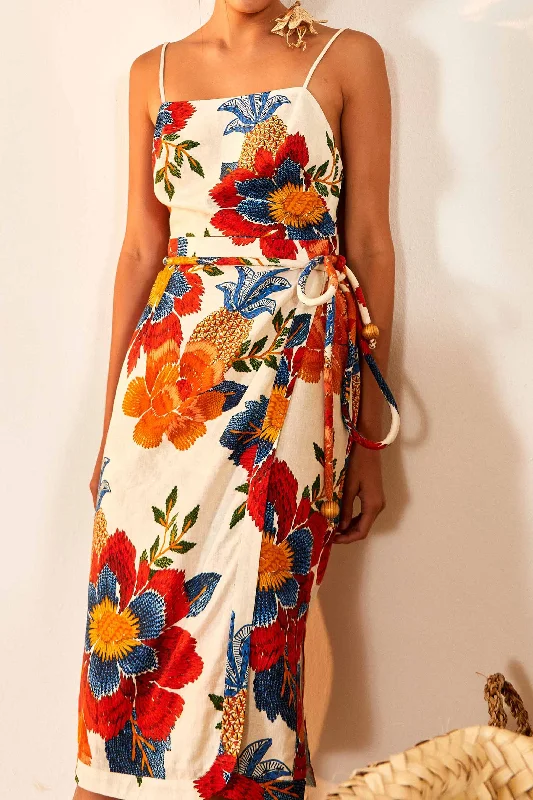 White Pineapple Flowers Midi Dress Trendy Tiered Hem Midi Dress