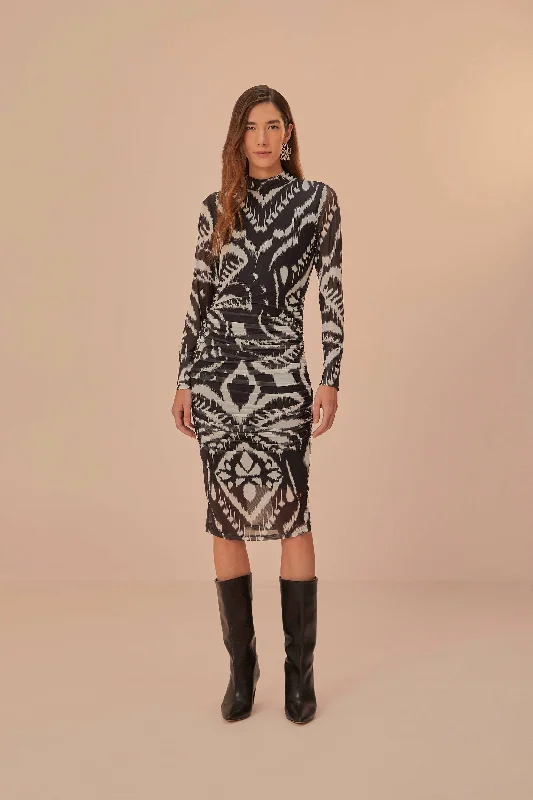 Pineapple Ikat Black Tulle Midi Dress Trendy Mock Neck Midi Dress