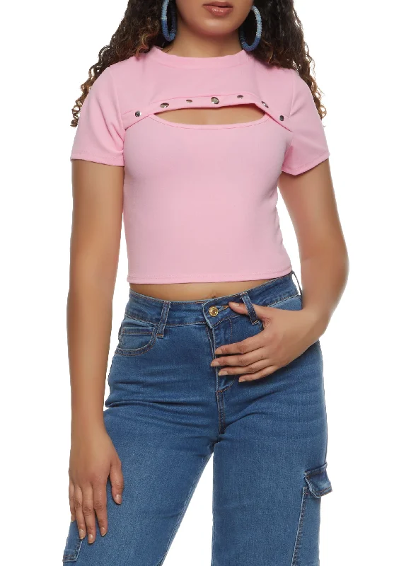 Studded Detail Keyhole T Shirt Casual Cotton Short Shirt