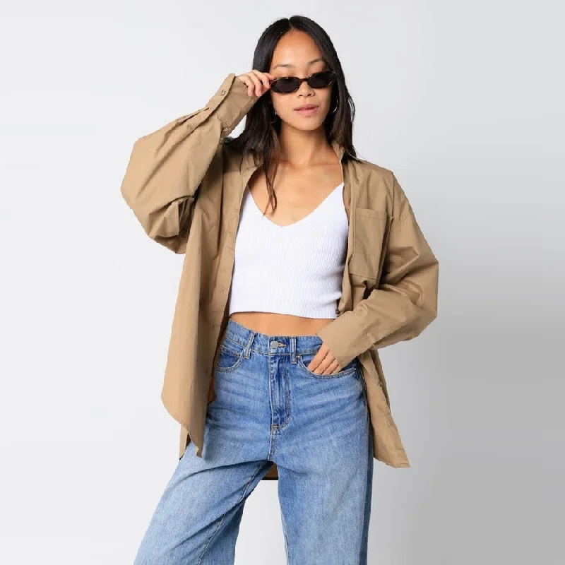 Poplin Shirt (Taupe) Casual Button-Up Short Tee