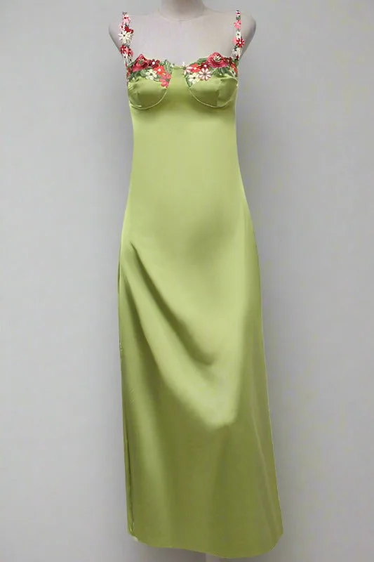 Princess Green Floral Embroidery Maxi Dress Trendy Printed Maxi Dress