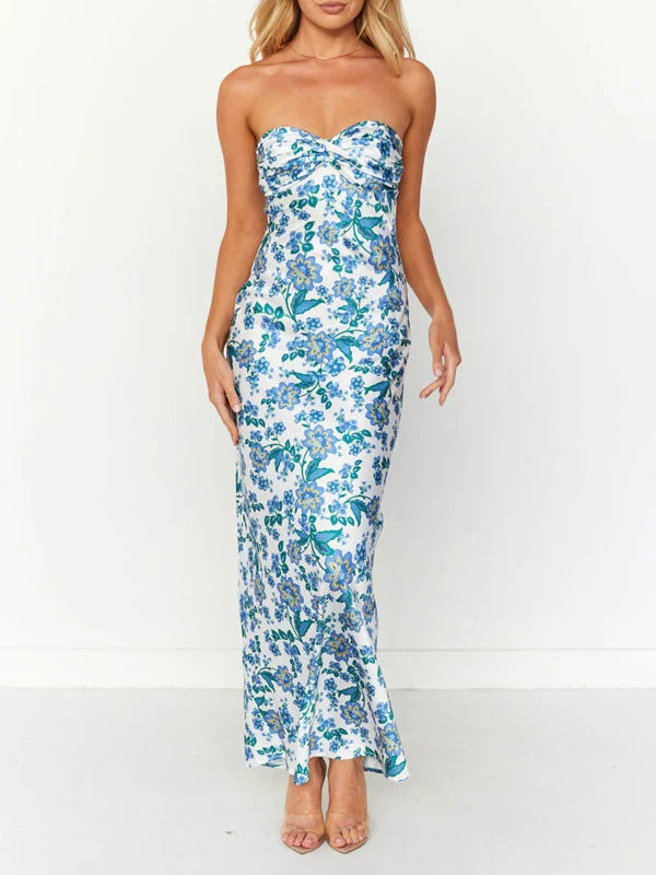 Printed Knotted Tube Maxi Dress Trendy Floral Print Maxi Dress
