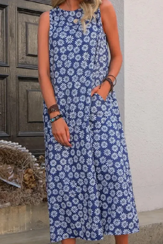 Printed Sleeveless Round Neck Midi Dress Fashionable Pleated Midi Dress