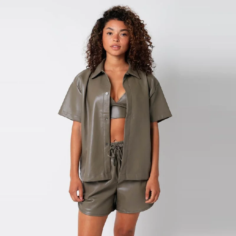 PU Button Down Shirt (Truffle) Cozy Striped Short Sleeve