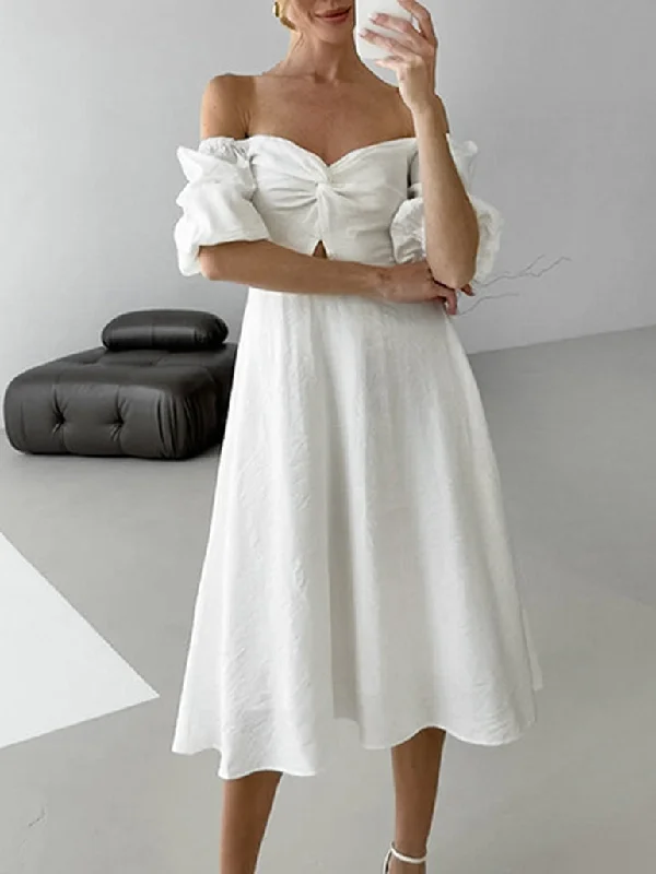 Puff Sleeve Hollow Out High Waist Maxi Dress Trendy A-Line Maxi Dress