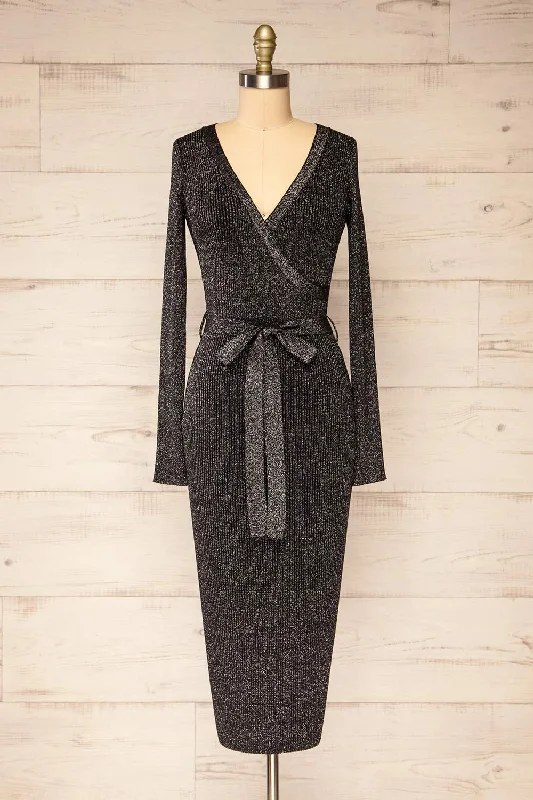 Punata | Black & Silver Ribbed Knit Midi Dress Comfortable Draped Midi Dress
