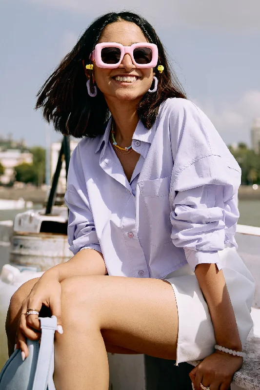 Purple Cropped Cotton Shirt Fashionable Tied Short Sleeve