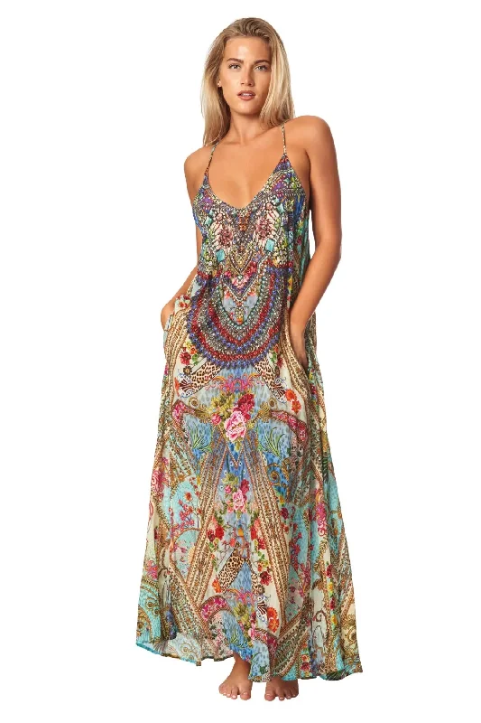 Queens Garden Bohemian T-back Maxi Dress with Front Pockets Comfortable Fit-and-Flare Maxi Dress Queens Garden Bohemian T-back Maxi Dress with Front Pockets Comfortable Fit-and-Flare Maxi Dress