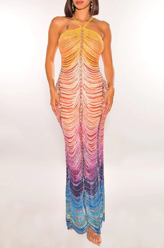 Rainbow Sleeveless Rhinestone Embellished Maxi Dress Trendy Floral Print Maxi Dress