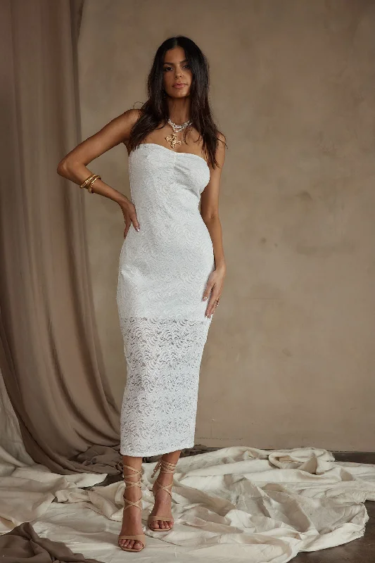 Reagan Strapless White Lace Midi Dress Fashionable Pencil Midi Dress