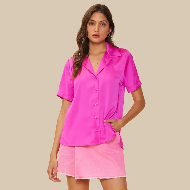 Recycled Satin Button Down S/S Shirt (Hot Pink) Stylish Striped Short Sleeve