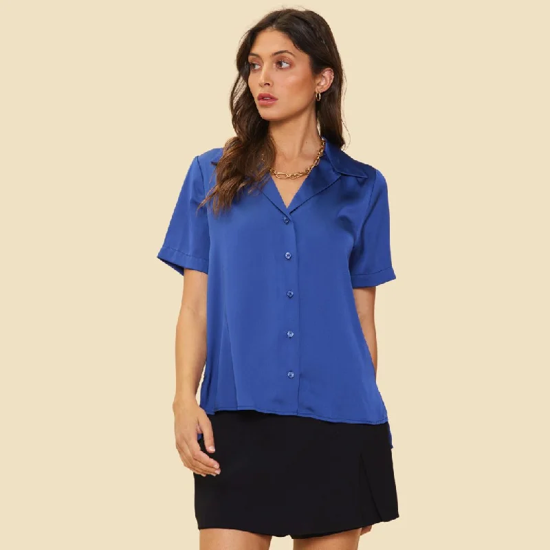 Recycled Satin Button Down S/S Shirt (Stone Navy) Relaxed Short Sleeve Tee