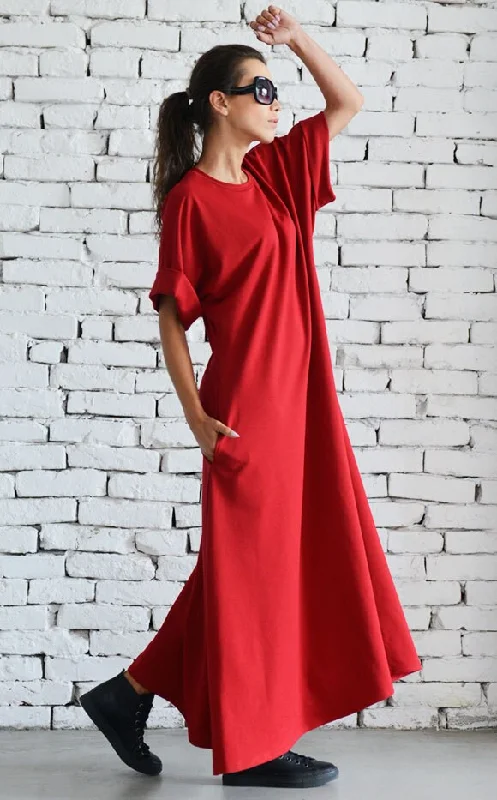 Red Maxi Dress Elegant Maxi Dress with Pockets