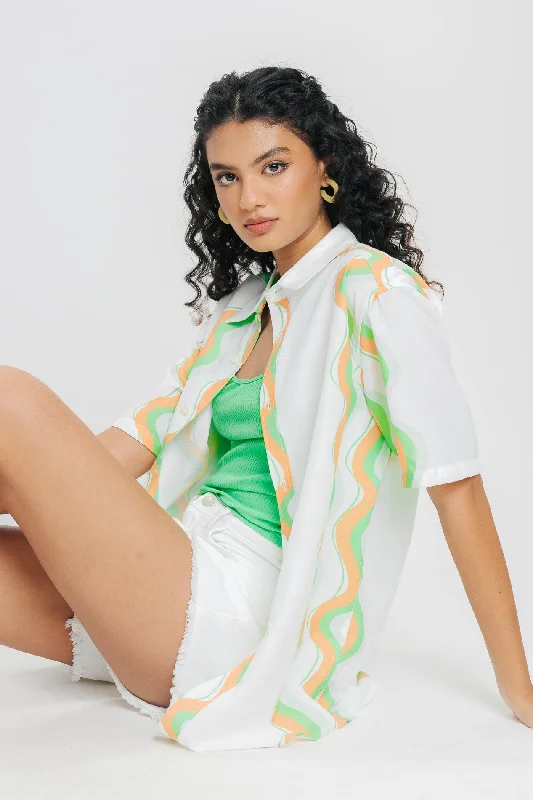White Abstract Print Shirt Trendy Ruffled Short Sleeve