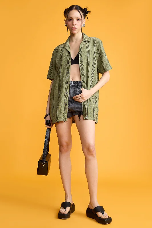 Textured Knit Women's Shirt-Olive Green/Black Stripes Classic Cropped Short Sleeve