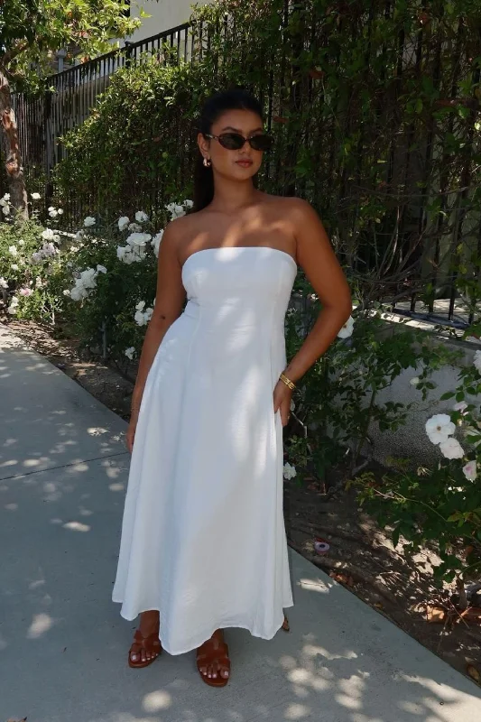 Rhodes White Linen Strapless Midi Dress Chic Bohemian Midi Dress