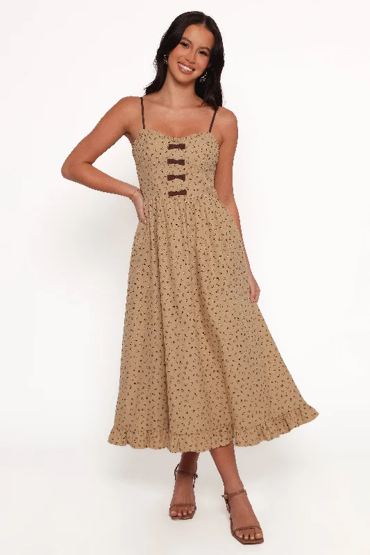 Robbins Midi Dress - Beige Brown Trendy Flared Sleeve Midi Dress